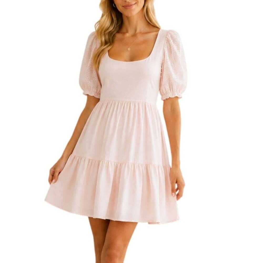 BCBG Paris Dress Short Ruffle Baby Pink A-Line Flowing Tie Back Womens Small